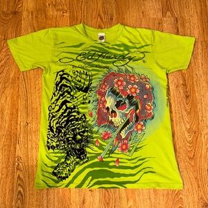 VTG Y2K Ed Hardy By Christian Audigier Tiger Tattoo Skull Slime Green Tee Small